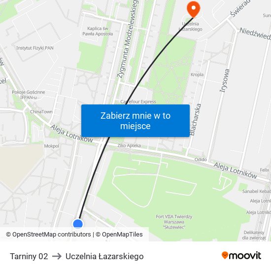 Tarniny 02 to Uczelnia Łazarskiego map