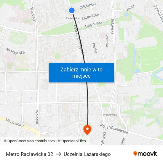 Metro Racławicka to Uczelnia Łazarskiego map