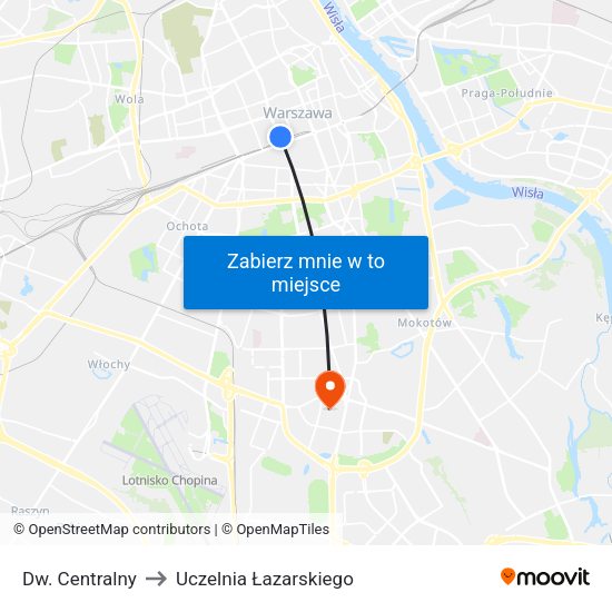 Dw. Centralny to Uczelnia Łazarskiego map
