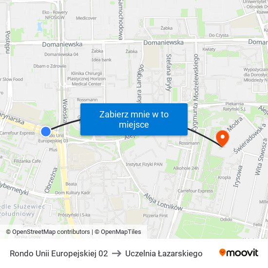 Rondo Unii Europejskiej to Uczelnia Łazarskiego map