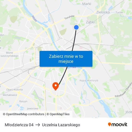 Młodzieńcza 04 to Uczelnia Łazarskiego map