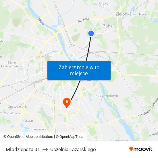 Młodzieńcza 01 to Uczelnia Łazarskiego map