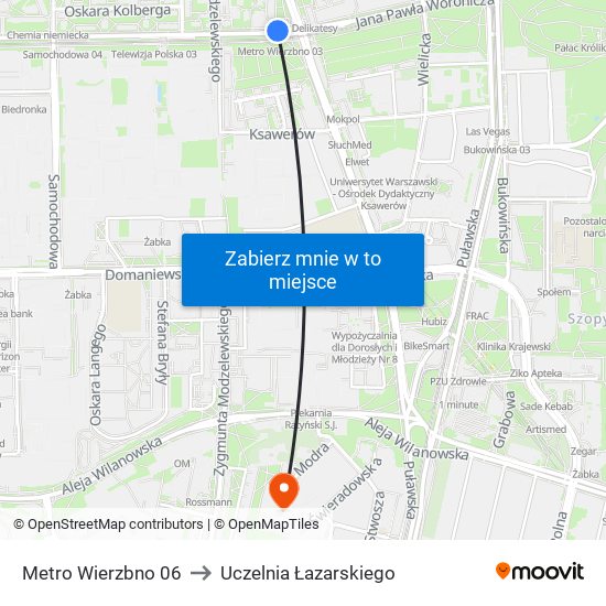 Metro Wierzbno 06 to Uczelnia Łazarskiego map