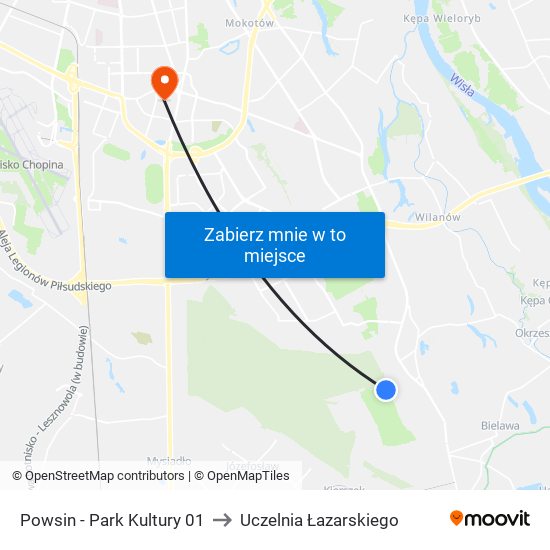Powsin - Park Kultury 01 to Uczelnia Łazarskiego map
