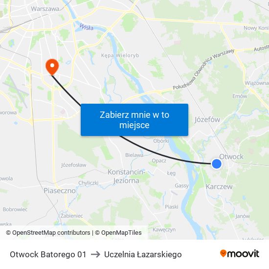 Otwock Batorego 01 to Uczelnia Łazarskiego map