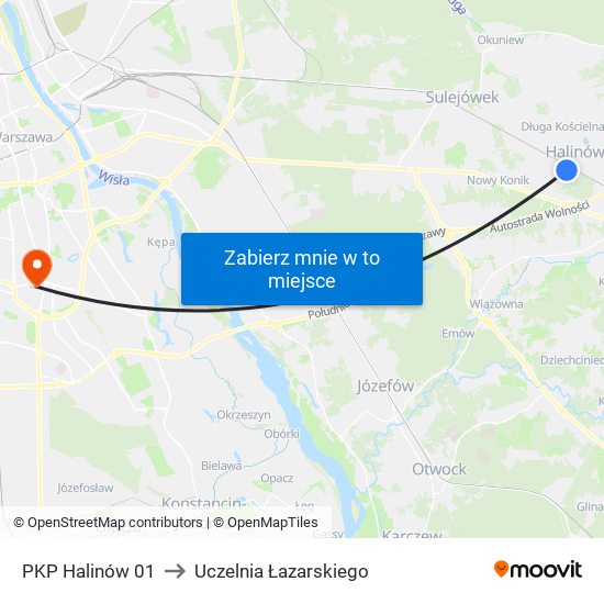 PKP Halinów to Uczelnia Łazarskiego map