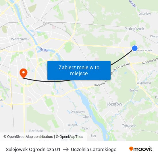 Sulejówek Ogrodnicza 01 to Uczelnia Łazarskiego map