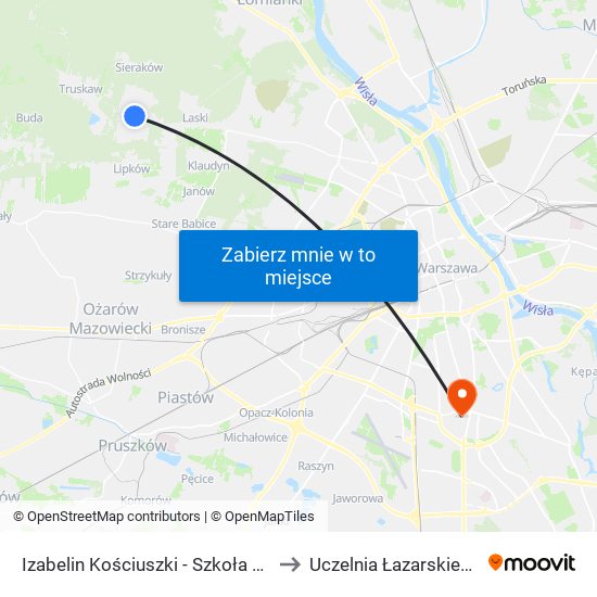 Izabelin Kościuszki - Szkoła 02 to Uczelnia Łazarskiego map