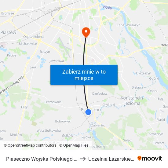 Piaseczno Wojska Polskiego to Uczelnia Łazarskiego map