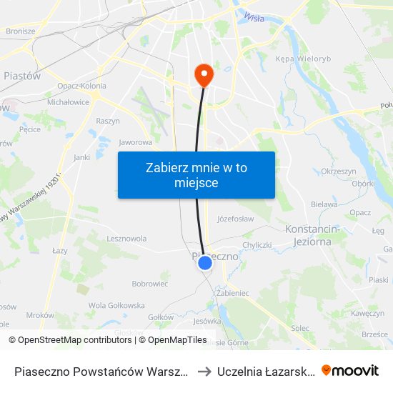 Piaseczno Powstańców Warszawy 02 to Uczelnia Łazarskiego map