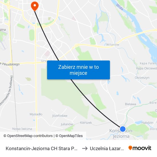 Konstancin-Jeziorna CH Stara Papiernia to Uczelnia Łazarskiego map