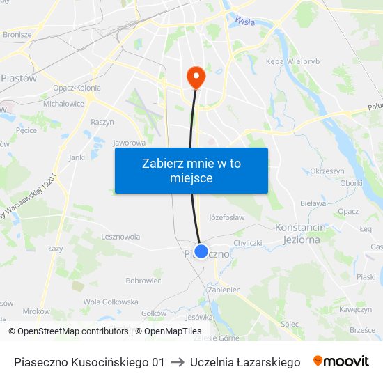 Piaseczno Kusocińskiego 01 to Uczelnia Łazarskiego map