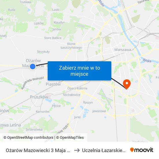 Ożarów Mazowiecki 3 Maja 01 to Uczelnia Łazarskiego map