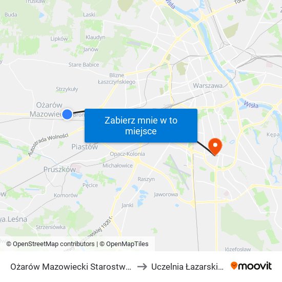 Ożarów Mazowiecki Starostwo to Uczelnia Łazarskiego map