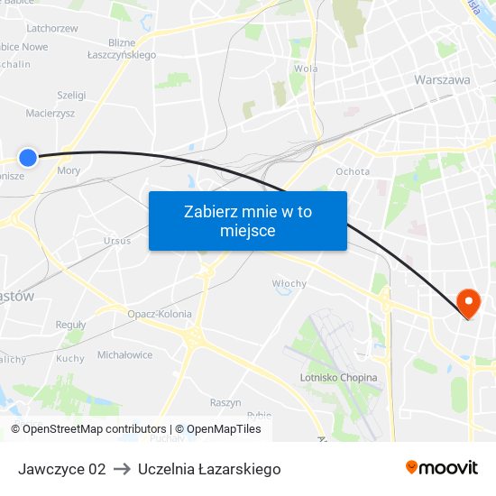 Jawczyce 02 to Uczelnia Łazarskiego map