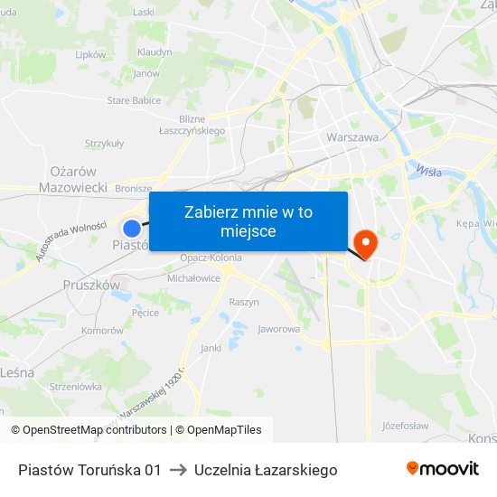 Piastów Toruńska 01 to Uczelnia Łazarskiego map