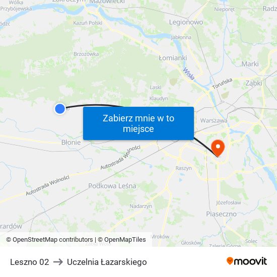 Leszno to Uczelnia Łazarskiego map