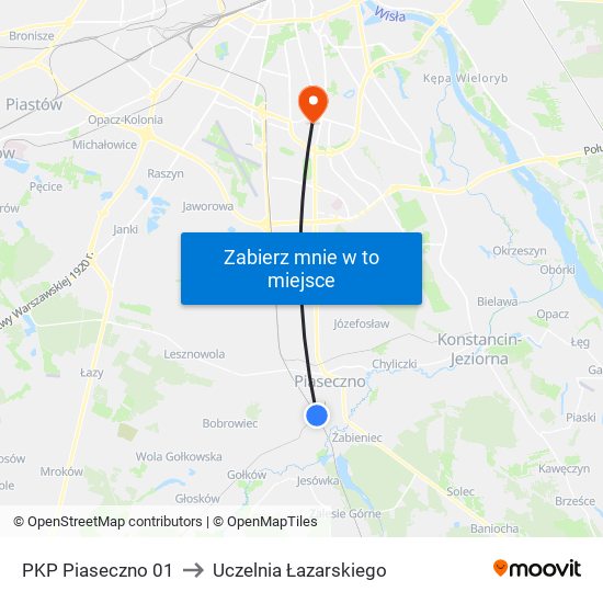 PKP Piaseczno 01 to Uczelnia Łazarskiego map