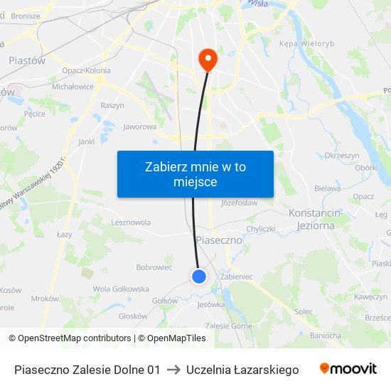 Piaseczno Zalesie Dolne 01 to Uczelnia Łazarskiego map