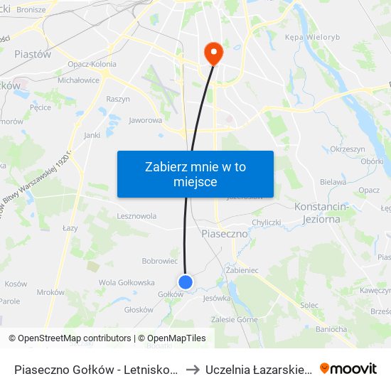 Piaseczno Gołków - Letnisko 01 to Uczelnia Łazarskiego map