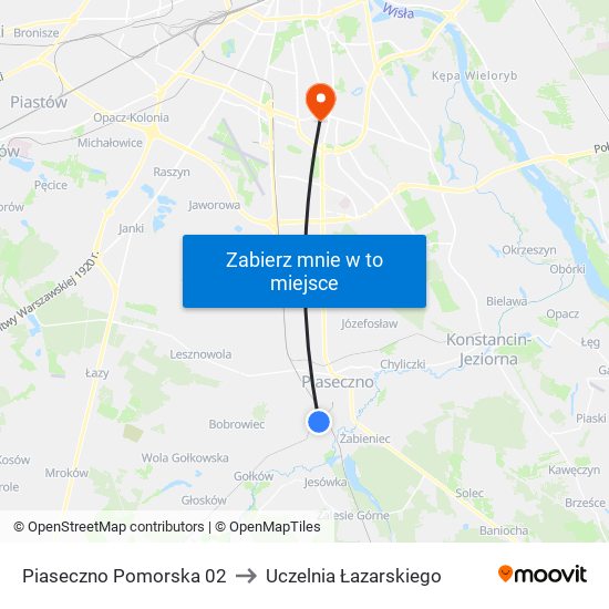 Piaseczno Pomorska 02 to Uczelnia Łazarskiego map