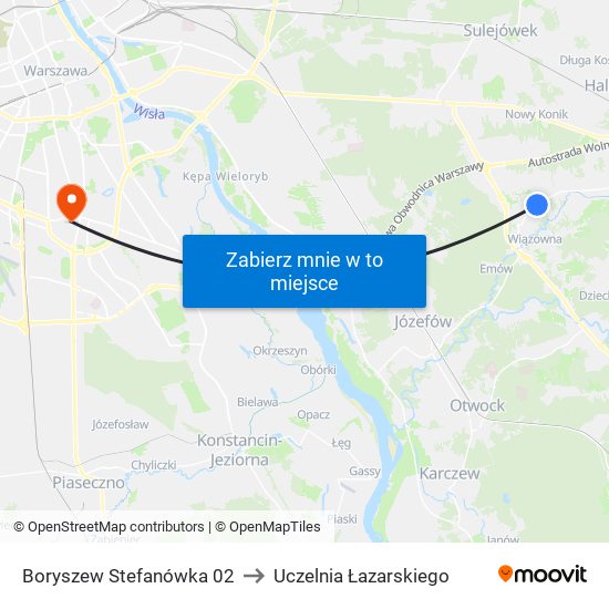 Boryszew Stefanówka 02 to Uczelnia Łazarskiego map