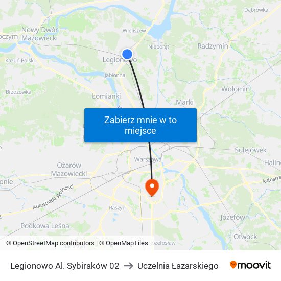 Legionowo Al. Sybiraków 02 to Uczelnia Łazarskiego map