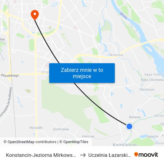 Konstancin-Jeziorna Mirkowska 01 to Uczelnia Łazarskiego map