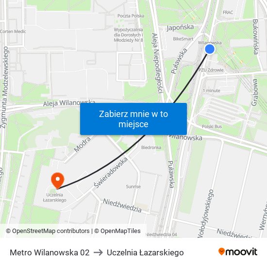 Metro Wilanowska 02 to Uczelnia Łazarskiego map