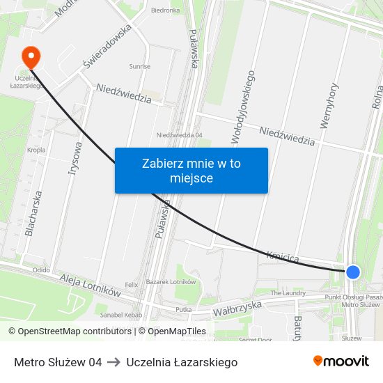 Metro Służew to Uczelnia Łazarskiego map