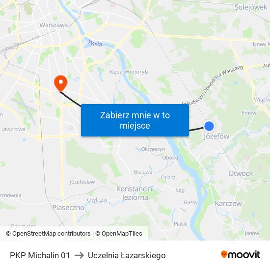 PKP Michalin 01 to Uczelnia Łazarskiego map