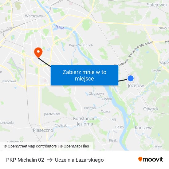 PKP Michalin 02 to Uczelnia Łazarskiego map