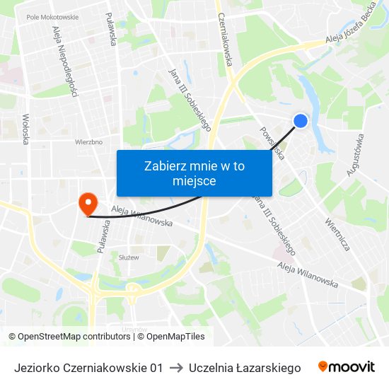 Jeziorko Czerniakowskie 01 to Uczelnia Łazarskiego map