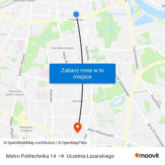 Metro Politechnika 14 to Uczelnia Łazarskiego map