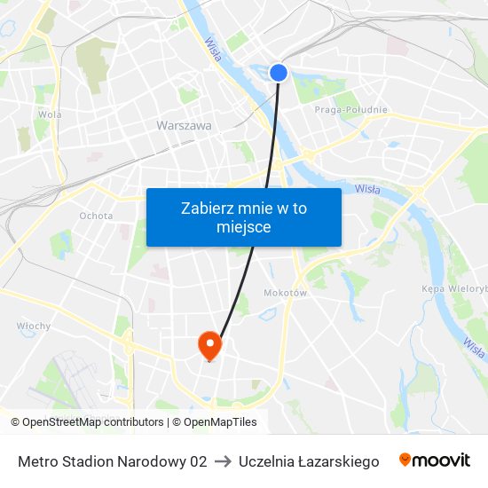 Metro Stadion Narodowy to Uczelnia Łazarskiego map