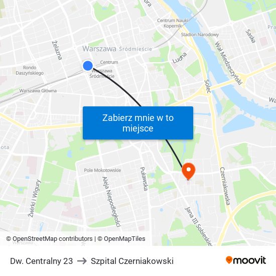 Dw. Centralny 23 to Szpital Czerniakowski map