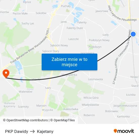 PKP Dawidy to Kajetany map