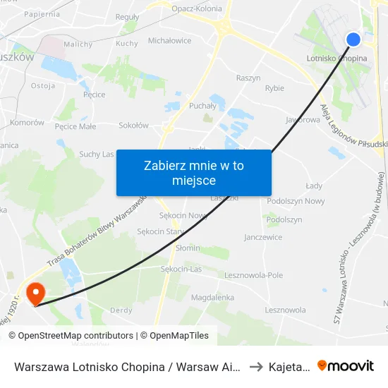 Warszawa Lotnisko Chopina / Warsaw Airport to Kajetany map