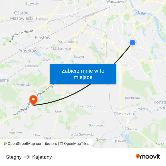 Stegny to Kajetany map