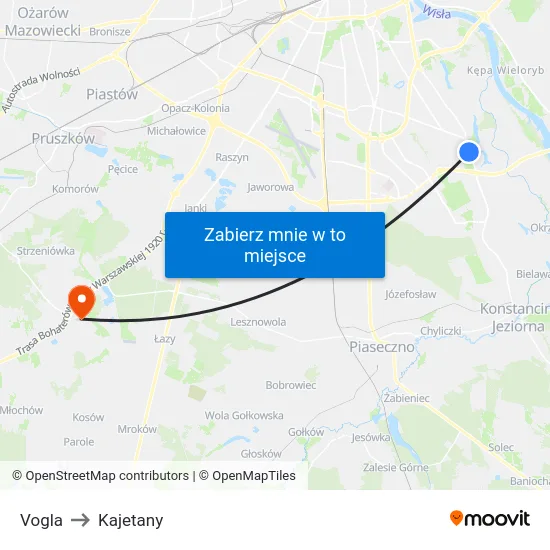 Vogla to Kajetany map