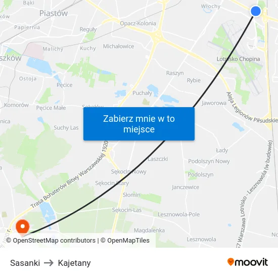 Sasanki to Kajetany map