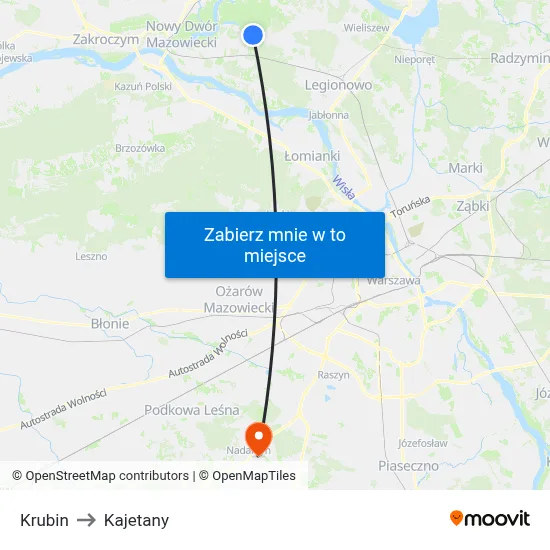 Krubin to Kajetany map