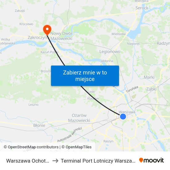 Warszawa Ochota WKD to Terminal Port Lotniczy Warszawa-Modlin map