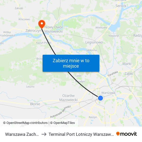 Warszawa Zachodnia to Terminal Port Lotniczy Warszawa-Modlin map