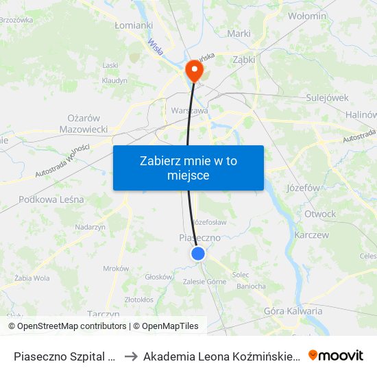 Piaseczno Szpital 02 to Akademia Leona Koźmińskiego map