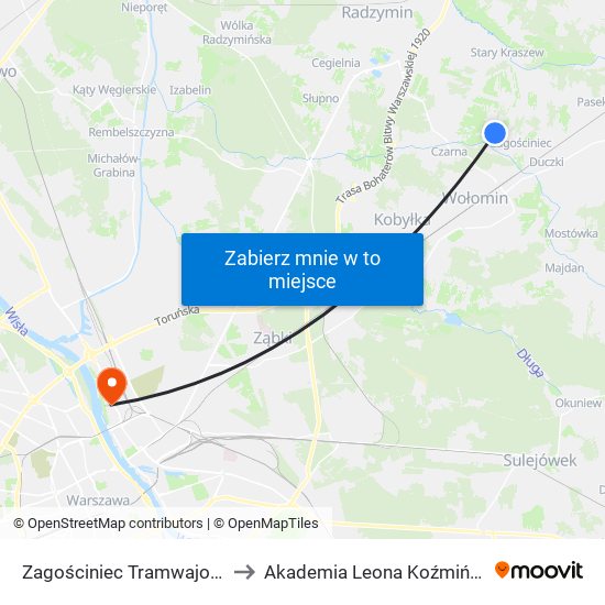 Zagościniec Tramwajowa 01 to Akademia Leona Koźmińskiego map