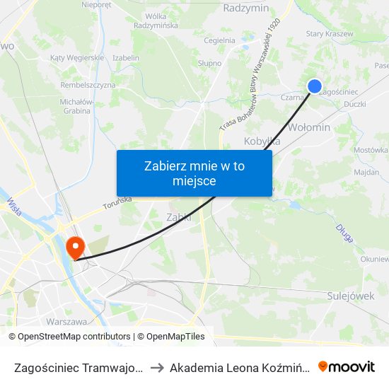 Zagościniec Tramwajowa 02 to Akademia Leona Koźmińskiego map