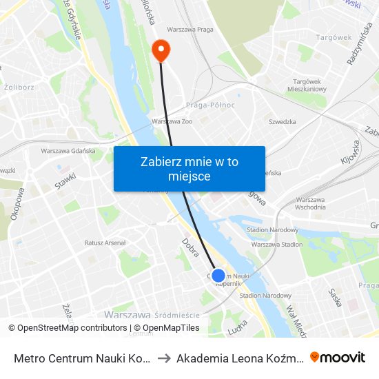 Metro Centrum Nauki Kopernik 05 to Akademia Leona Koźmińskiego map