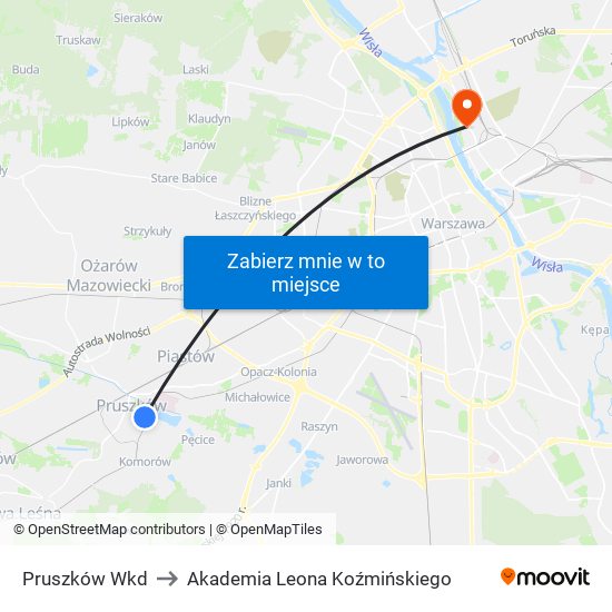 Pruszków Wkd to Akademia Leona Koźmińskiego map