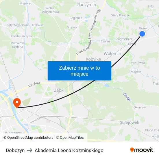 Dobczyn to Akademia Leona Koźmińskiego map